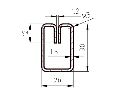 Lemovací profil E, drážka 1,7 mm, 1,5x30x20 mm, délka 3000mm